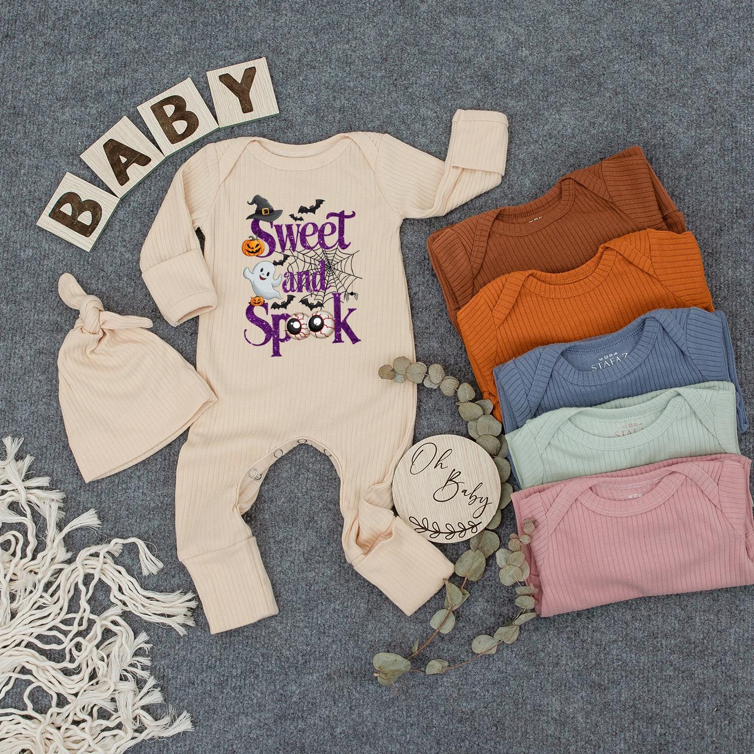 Sweet and Spooky Ghost Baby Bodysuit and Hat Set Cute Halloween Outfit Personalized Newborn Romper for New Mom Gift Whimsical Purple Script Design
