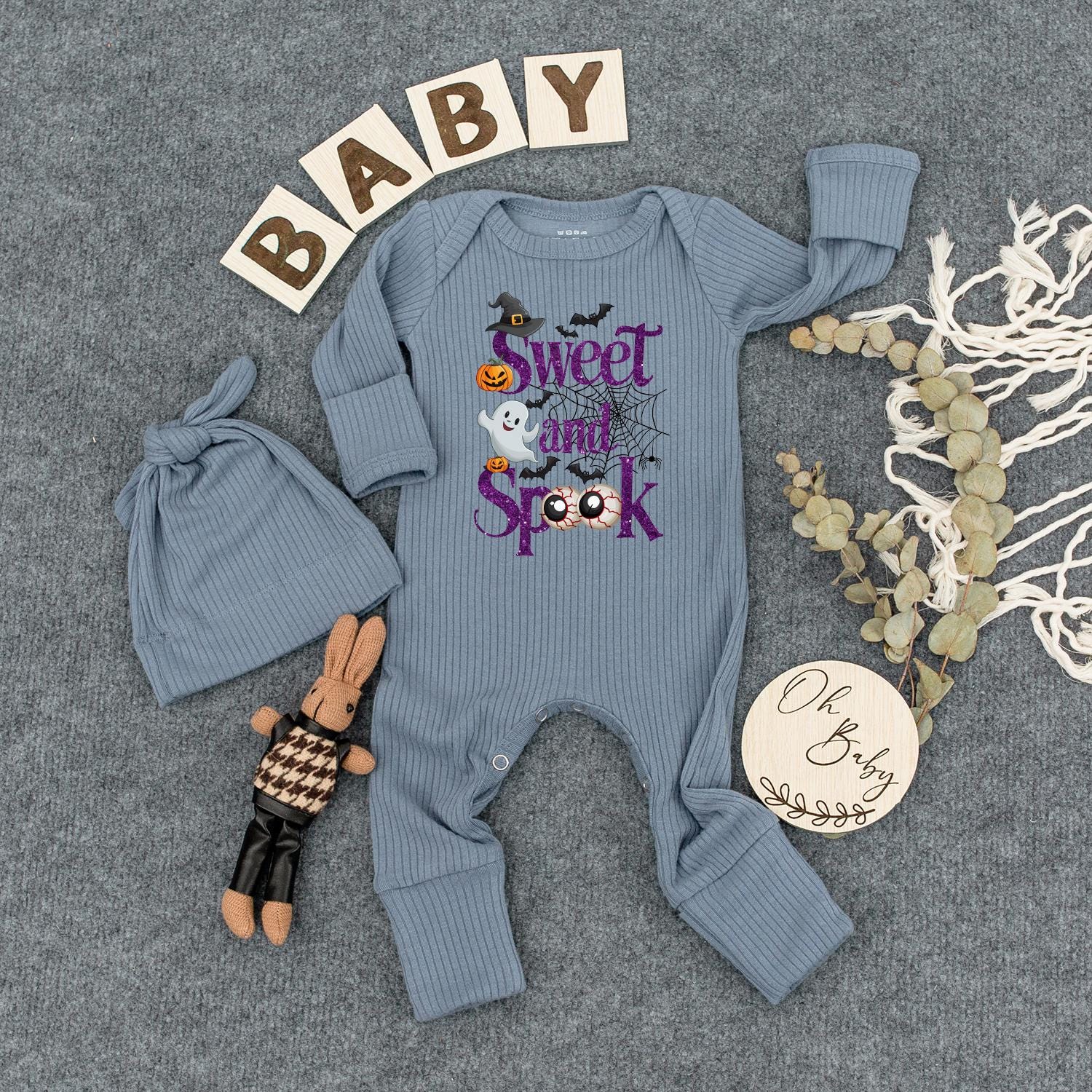 Sweet and Spooky Ghost Baby Bodysuit and Hat Set Cute Halloween Outfit Personalized Newborn Romper for New Mom Gift Whimsical Purple Script Design