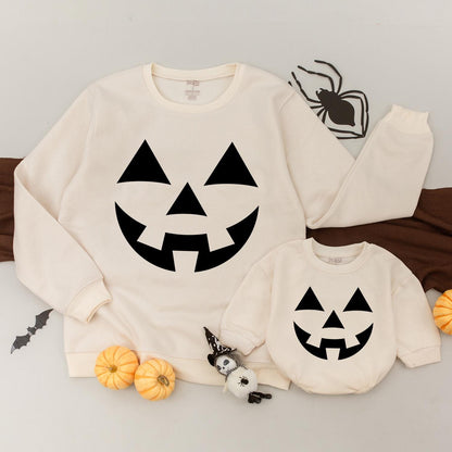 Family Halloween Outfits: Retro Pumpkin Romper & Sweatshirt Set