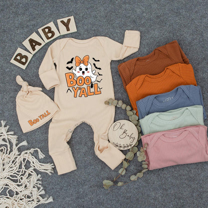 Cute Boo Y'all Ghost Bodysuit & Hat Set for Newborns Adorable Cartoon Halloween Baby Outfit Fun Orange Bat Design Perfect New Mom Gift