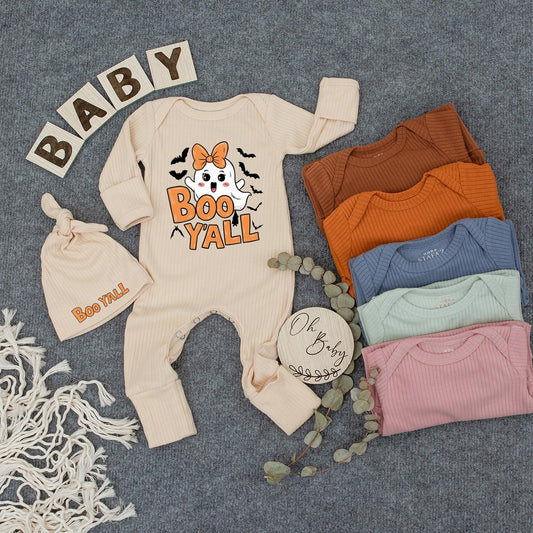 Cute Boo Y'all Ghost Bodysuit & Hat Set for Newborns Adorable Cartoon Halloween Baby Outfit Fun Orange Bat Design Perfect New Mom Gift