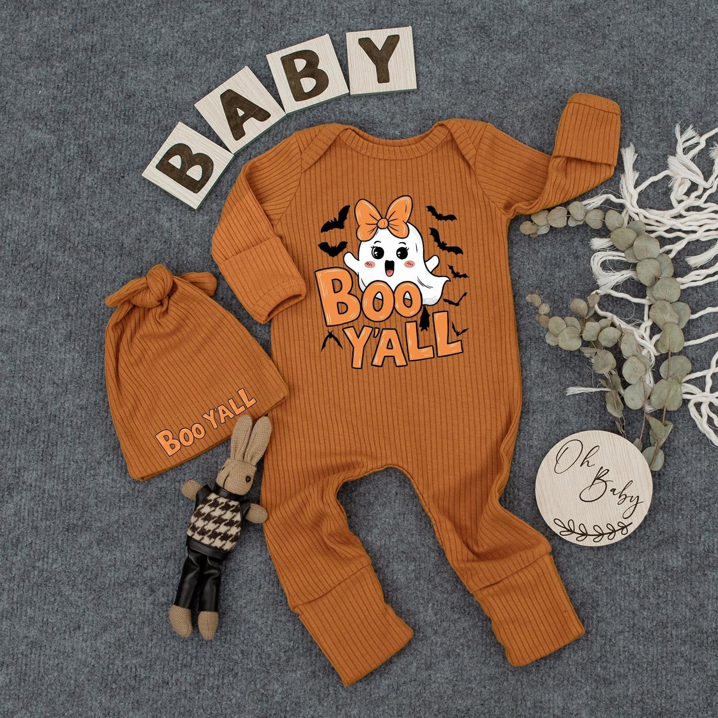 Cute Boo Y'all Ghost Bodysuit & Hat Set for Newborns Adorable Cartoon Halloween Baby Outfit Fun Orange Bat Design Perfect New Mom Gift
