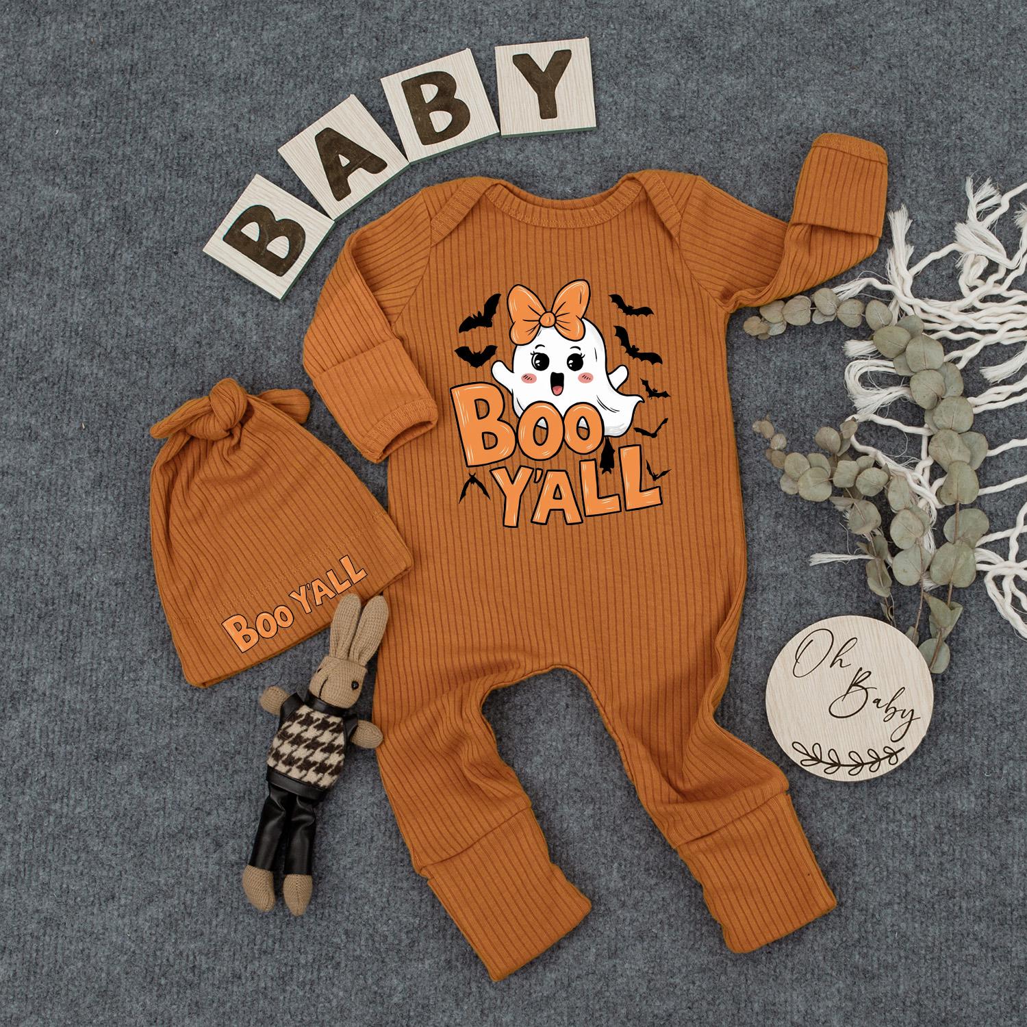 Cute Boo Y'all Ghost Bodysuit & Hat Set for Newborns Adorable Cartoon Halloween Baby Outfit Fun Orange Bat Design Perfect New Mom Gift