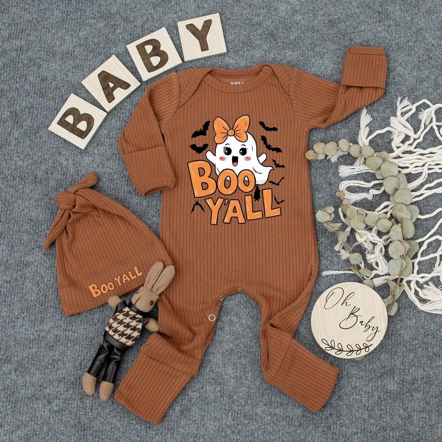 Cute Boo Y'all Ghost Bodysuit & Hat Set for Newborns Adorable Cartoon Halloween Baby Outfit Fun Orange Bat Design Perfect New Mom Gift