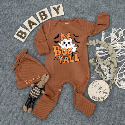 Cute Boo Y'all Ghost Bodysuit & Hat Set for Newborns Adorable Cartoon Halloween Baby Outfit Fun Orange Bat Design Perfect New Mom Gift
