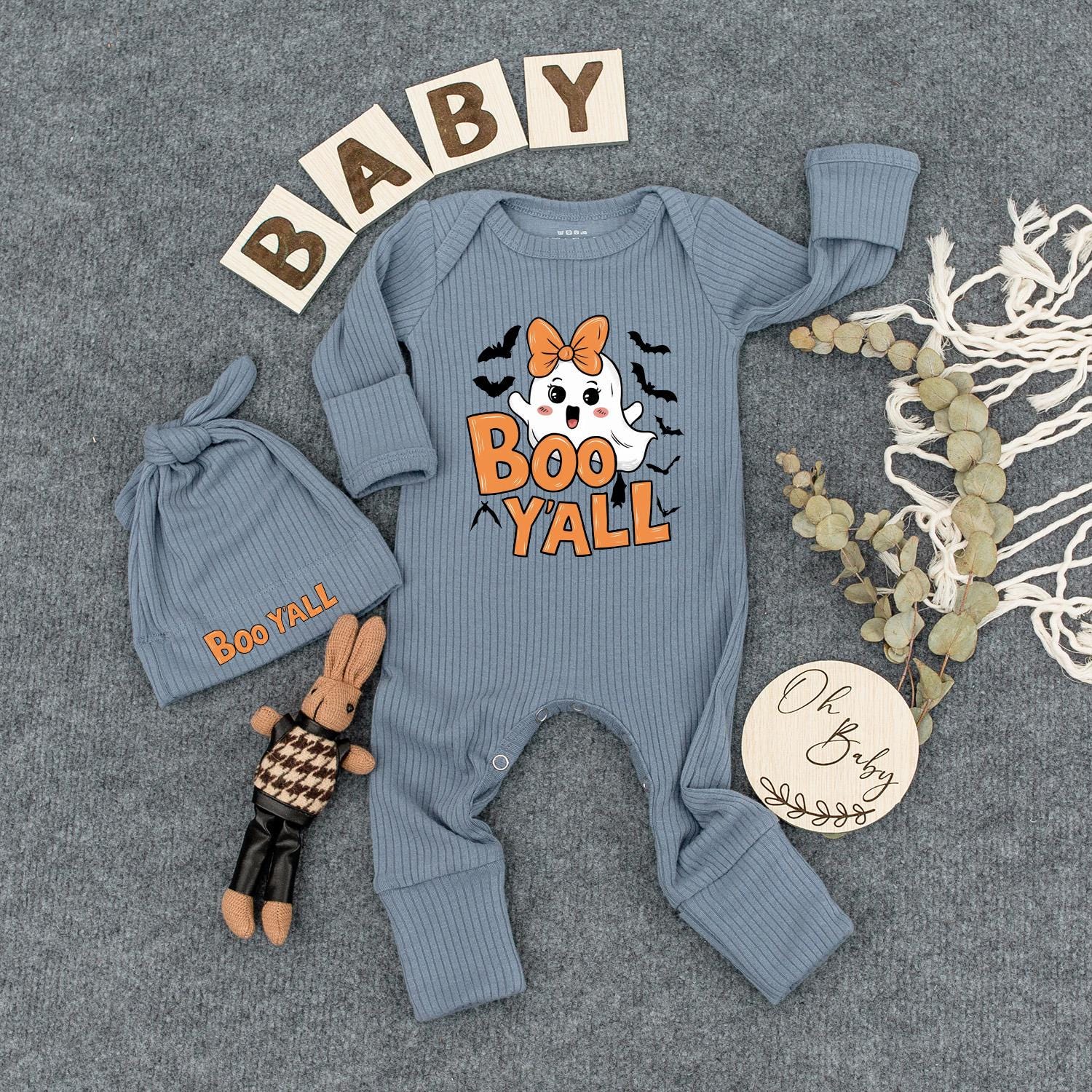 Cute Boo Y'all Ghost Bodysuit & Hat Set for Newborns Adorable Cartoon Halloween Baby Outfit Fun Orange Bat Design Perfect New Mom Gift