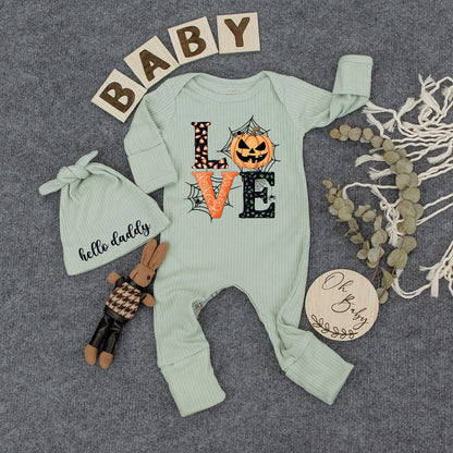 Personalized Cute Halloween Love Pumpkin Baby Bodysuit and Hat Set Newborn Romper Outfit Fall Festive Baby Shower Gift