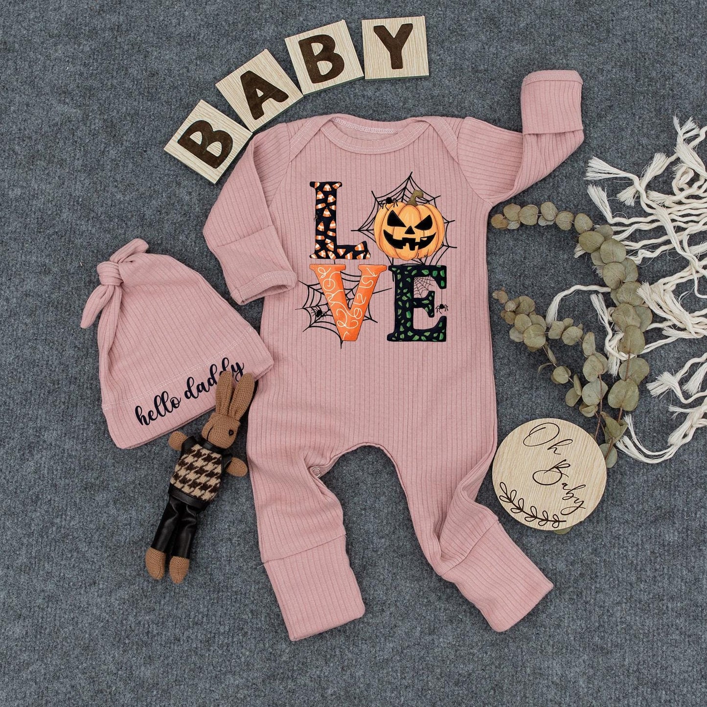 Personalized Cute Halloween Love Pumpkin Baby Bodysuit and Hat Set Newborn Romper Outfit Fall Festive Baby Shower Gift