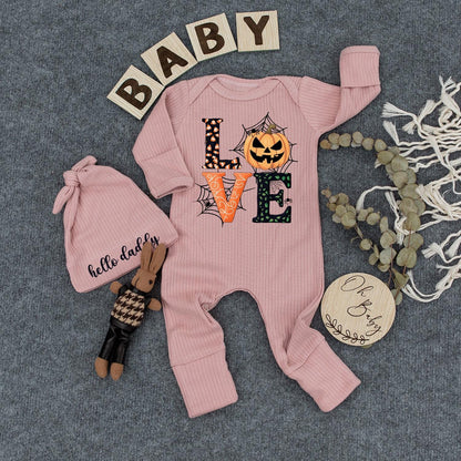 Personalized Cute Halloween Love Pumpkin Baby Bodysuit and Hat Set Newborn Romper Outfit Fall Festive Baby Shower Gift