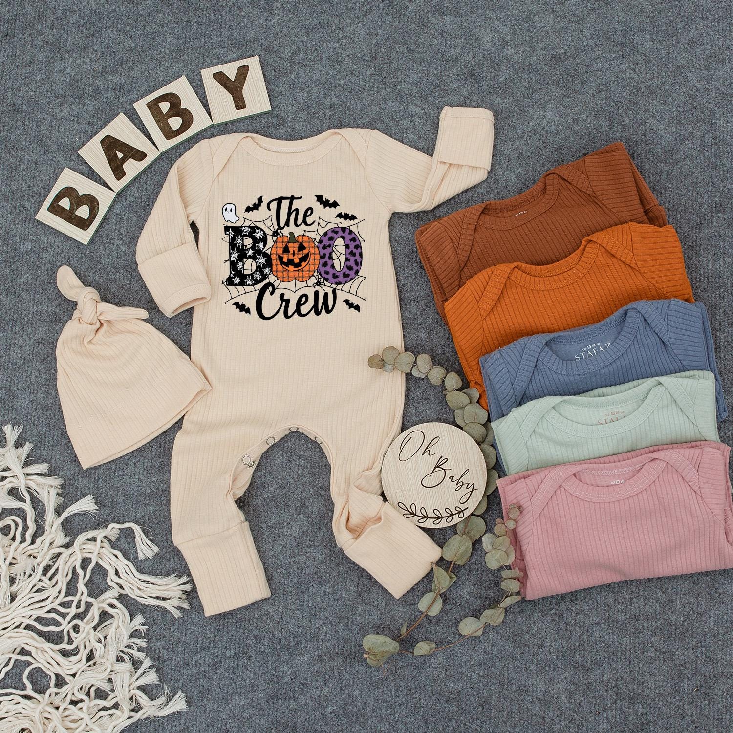 The Boo Crew Baby Outfit, Buffalo Plaid Jack-o'-lantern Bodysuit and Hat Set, Spooky Halloween Newborn Romper Gift, Infant Clothes, Boho Style 139
