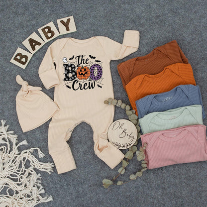 The Boo Crew Baby Outfit, Buffalo Plaid Jack-o'-lantern Bodysuit and Hat Set, Spooky Halloween Newborn Romper Gift, Infant Clothes, Boho Style 139