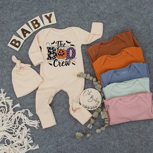 The Boo Crew Baby Outfit, Buffalo Plaid Jack-o'-lantern Bodysuit and Hat Set, Spooky Halloween Newborn Romper Gift, Infant Clothes, Boho Style 139