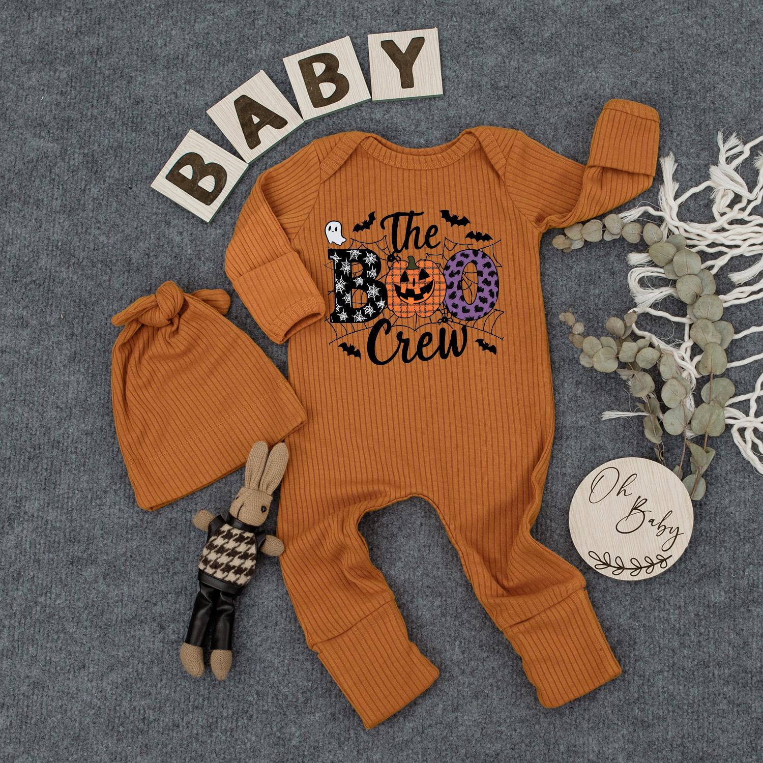 The Boo Crew Baby Outfit, Buffalo Plaid Jack-o'-lantern Bodysuit and Hat Set, Spooky Halloween Newborn Romper Gift, Infant Clothes, Boho Style 139