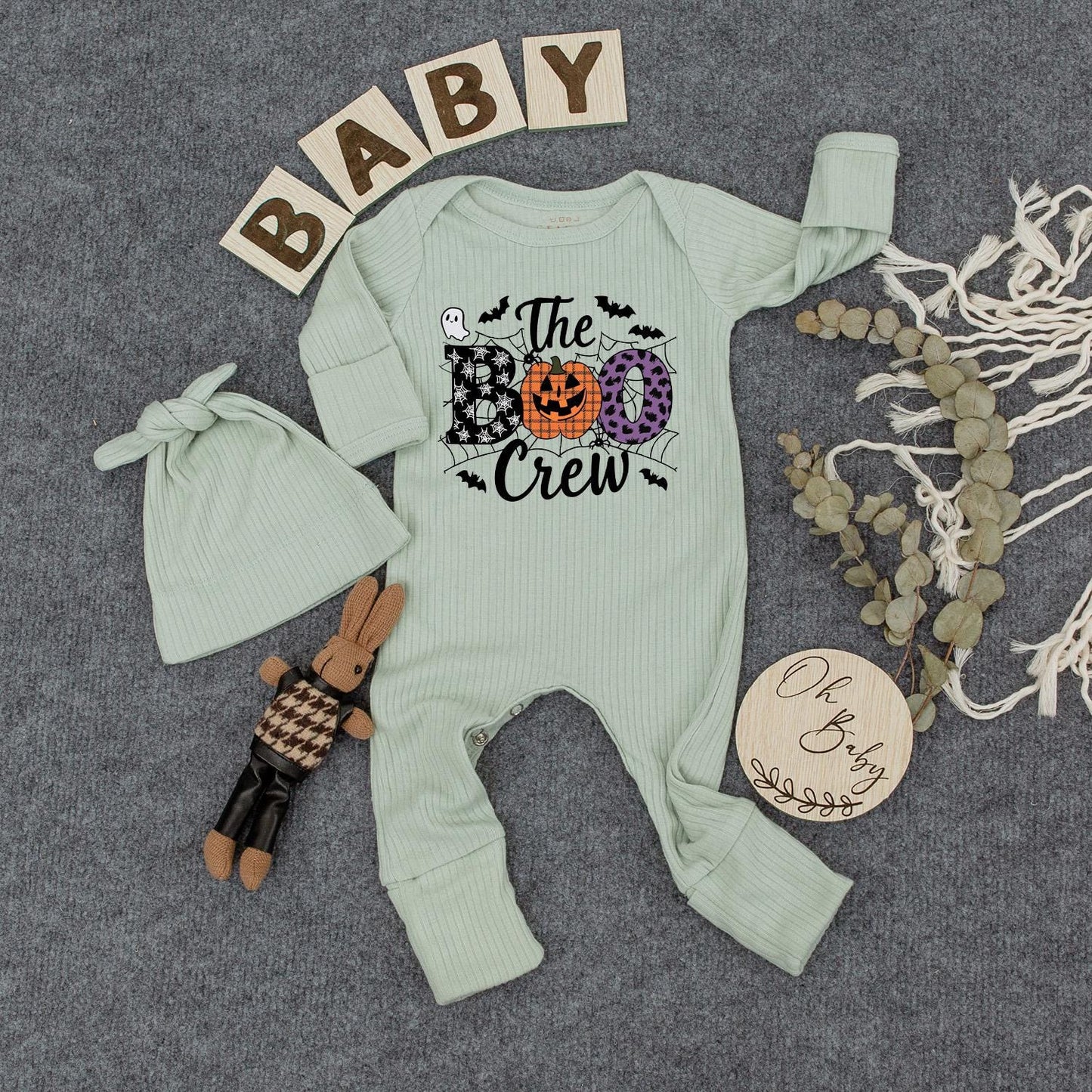 The Boo Crew Baby Outfit, Buffalo Plaid Jack-o'-lantern Bodysuit and Hat Set, Spooky Halloween Newborn Romper Gift, Infant Clothes, Boho Style 139