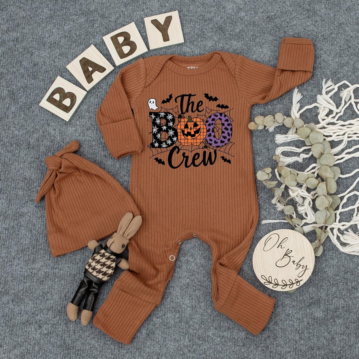 The Boo Crew Baby Outfit, Buffalo Plaid Jack-o'-lantern Bodysuit and Hat Set, Spooky Halloween Newborn Romper Gift, Infant Clothes, Boho Style 139