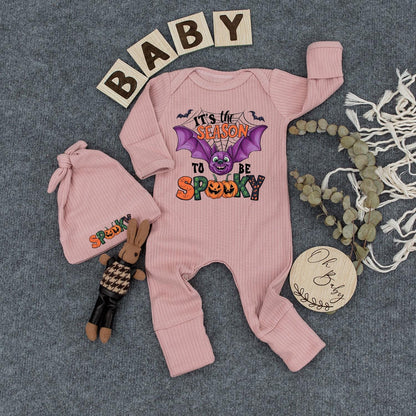 Spooky Season Baby Outfit Set: Cute Halloween Bodysuit & Hat with Bat and Jack-o'-Lantern, Newborn Romper, Boho Trick or Treat Clothes, New Mom Gift (139)