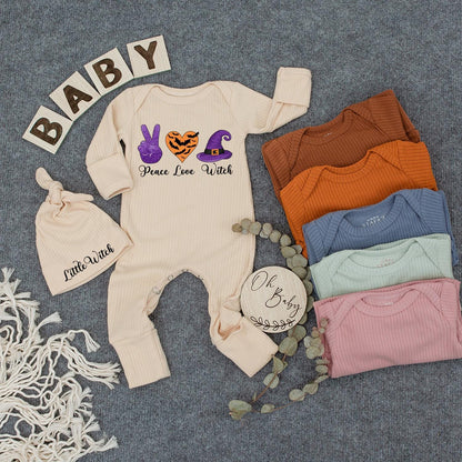 Cute Peace Love Witch Bodysuit and Hat Set Newborn Halloween Outfit with Purple Peace Sign Orange Bat Heart Little Witch Design New Mom Gift Spooky Season