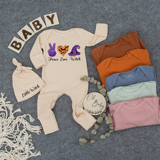 Cute Peace Love Witch Bodysuit and Hat Set Newborn Halloween Outfit with Purple Peace Sign Orange Bat Heart Little Witch Design New Mom Gift Spooky Season