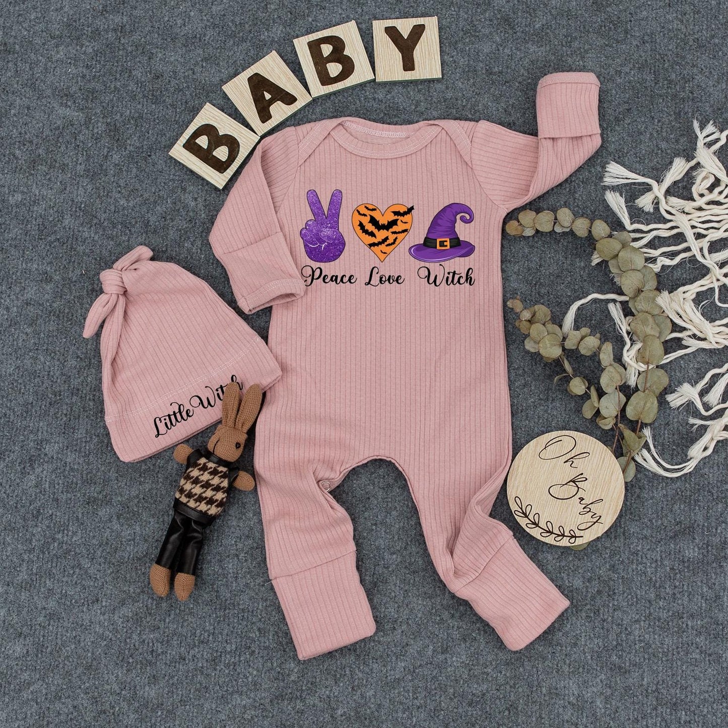 Cute Peace Love Witch Bodysuit and Hat Set Newborn Halloween Outfit with Purple Peace Sign Orange Bat Heart Little Witch Design New Mom Gift Spooky Season