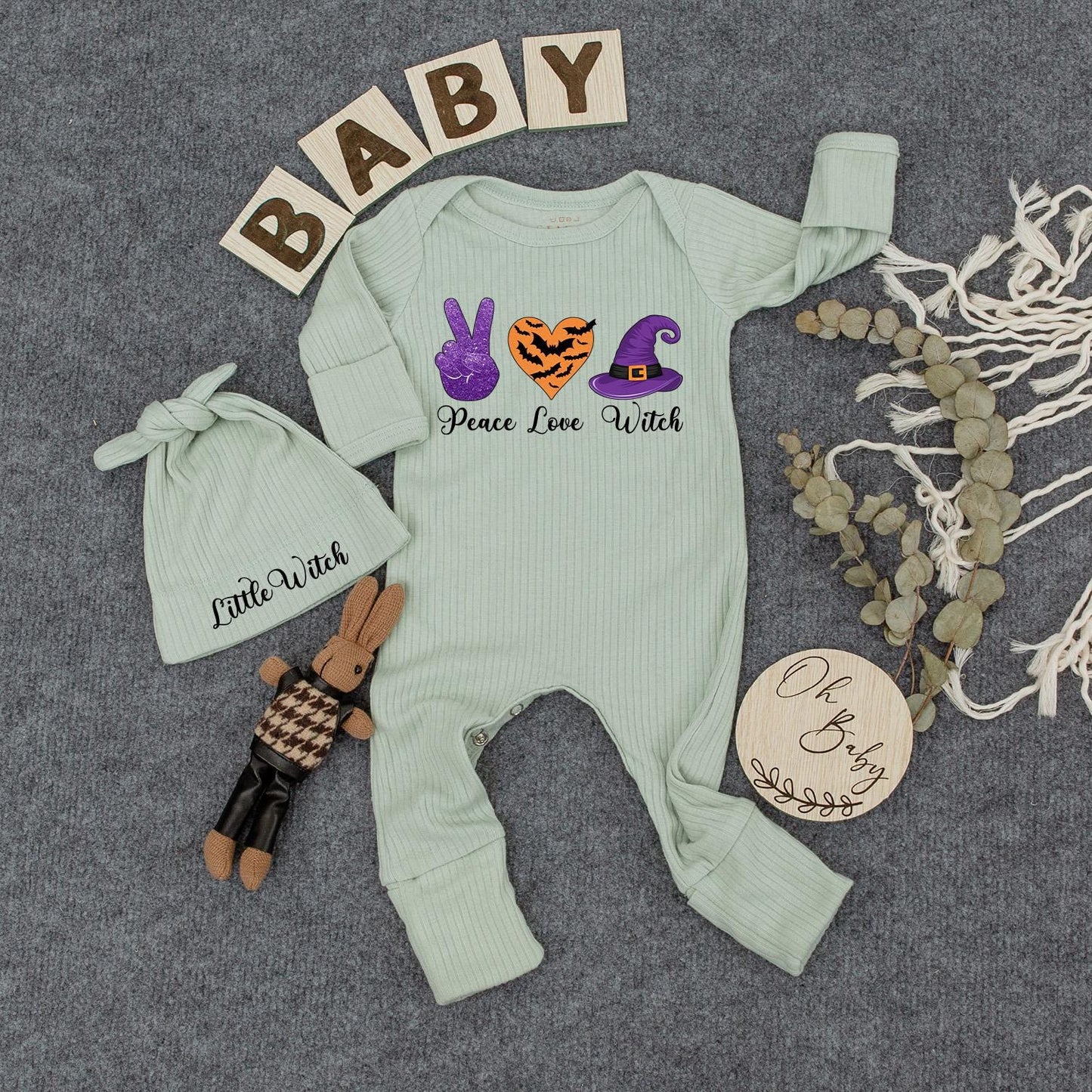 Cute Peace Love Witch Bodysuit and Hat Set Newborn Halloween Outfit with Purple Peace Sign Orange Bat Heart Little Witch Design New Mom Gift Spooky Season