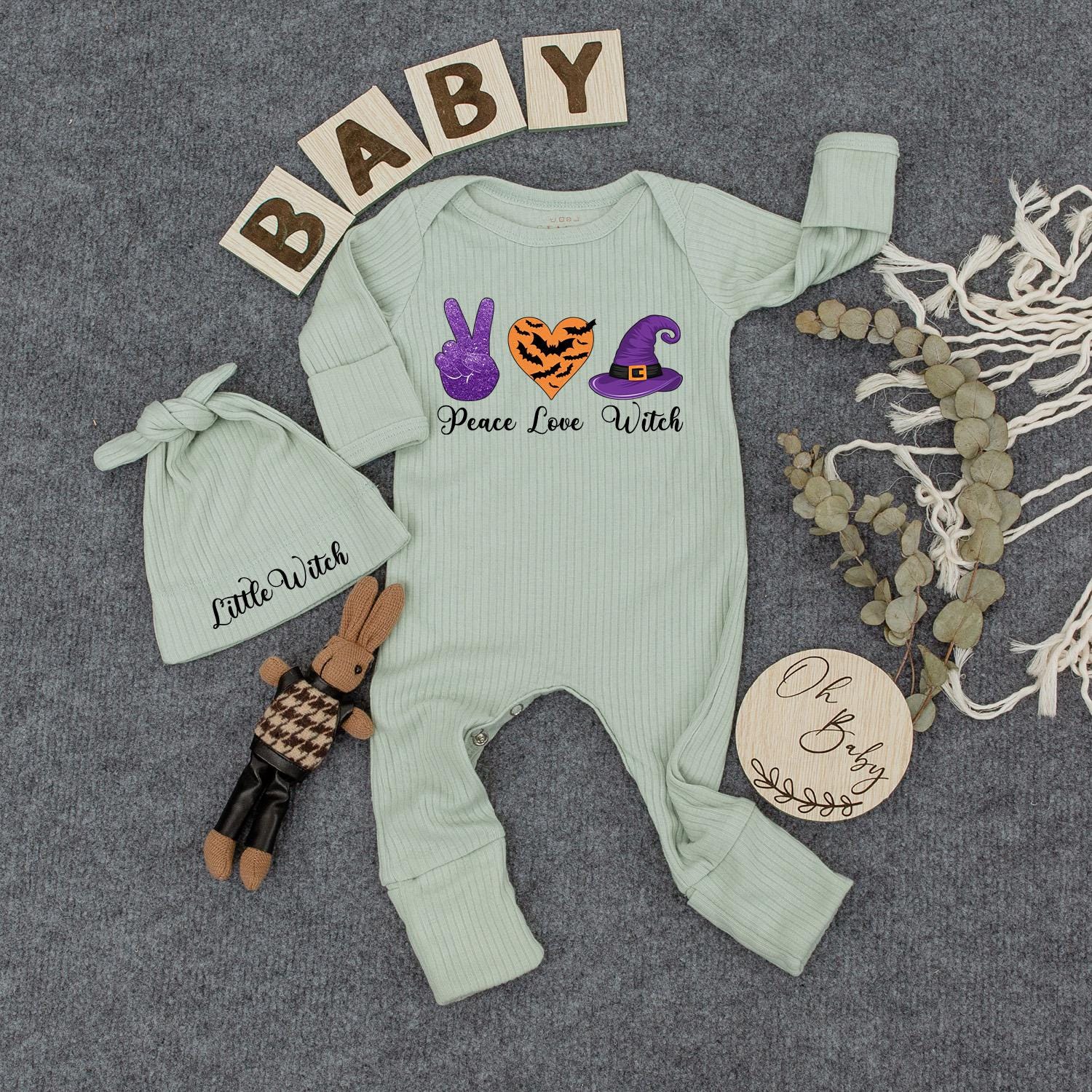 Cute Peace Love Witch Bodysuit and Hat Set Newborn Halloween Outfit with Purple Peace Sign Orange Bat Heart Little Witch Design New Mom Gift Spooky Season