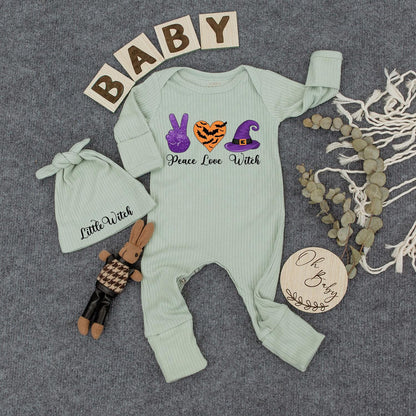 Cute Peace Love Witch Bodysuit and Hat Set Newborn Halloween Outfit with Purple Peace Sign Orange Bat Heart Little Witch Design New Mom Gift Spooky Season
