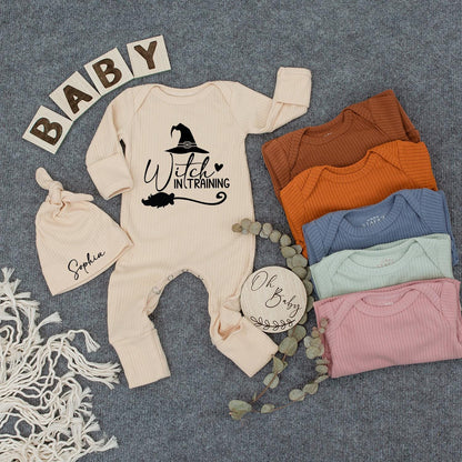 Custom Baby Witch in Training Bodysuit & Hat Set Cute Halloween Newborn Outfit Sophia Black Whimsical Witchy Design Romper New Mom Gift