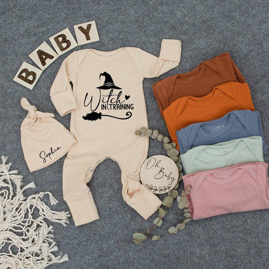 Custom Baby Witch in Training Bodysuit & Hat Set Cute Halloween Newborn Outfit Sophia Black Whimsical Witchy Design Romper New Mom Gift