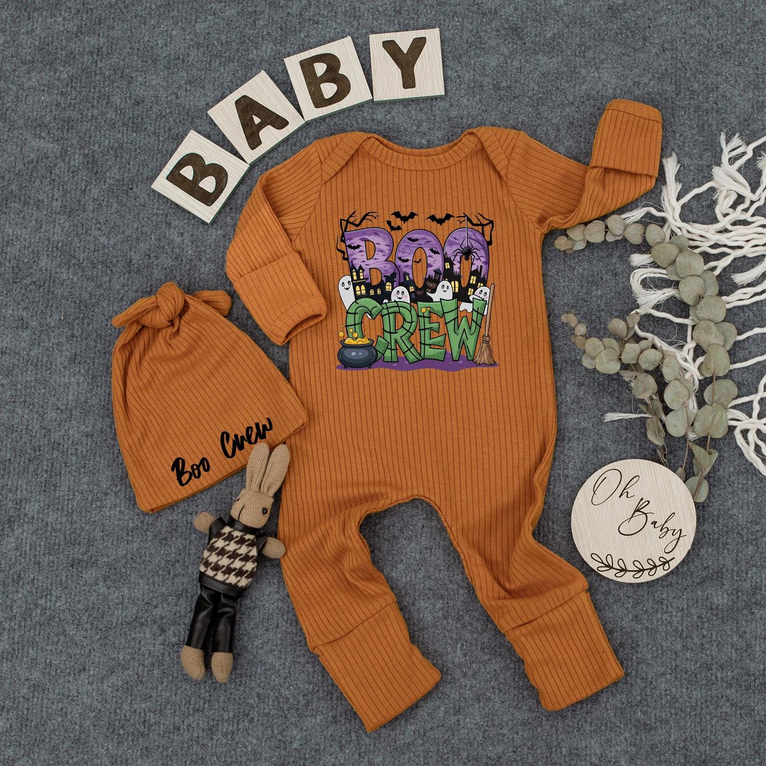 Boo Crew Baby Bodysuit & Hat Set, Spooky Halloween Newborn Outfit, Cute Ghost Romper, New Mom Gift, Playful Infant Clothes, Boho Vibes Party Costume, Soft Cotton