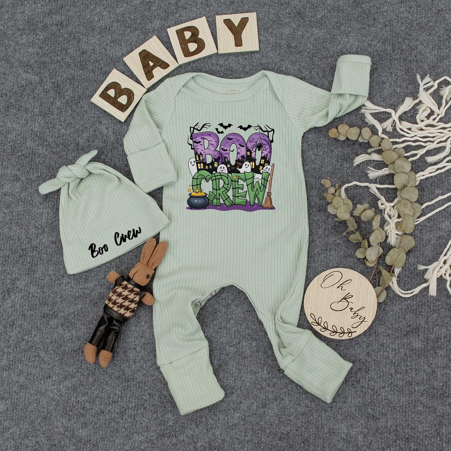 Boo Crew Baby Bodysuit & Hat Set, Spooky Halloween Newborn Outfit, Cute Ghost Romper, New Mom Gift, Playful Infant Clothes, Boho Vibes Party Costume, Soft Cotton
