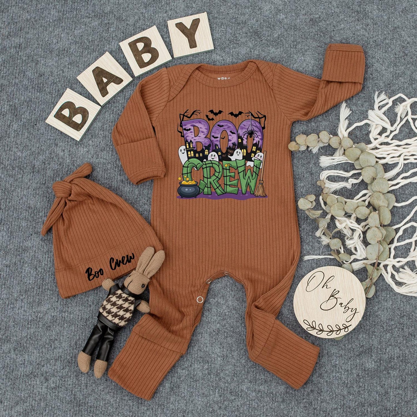 Boo Crew Baby Bodysuit & Hat Set, Spooky Halloween Newborn Outfit, Cute Ghost Romper, New Mom Gift, Playful Infant Clothes, Boho Vibes Party Costume, Soft Cotton