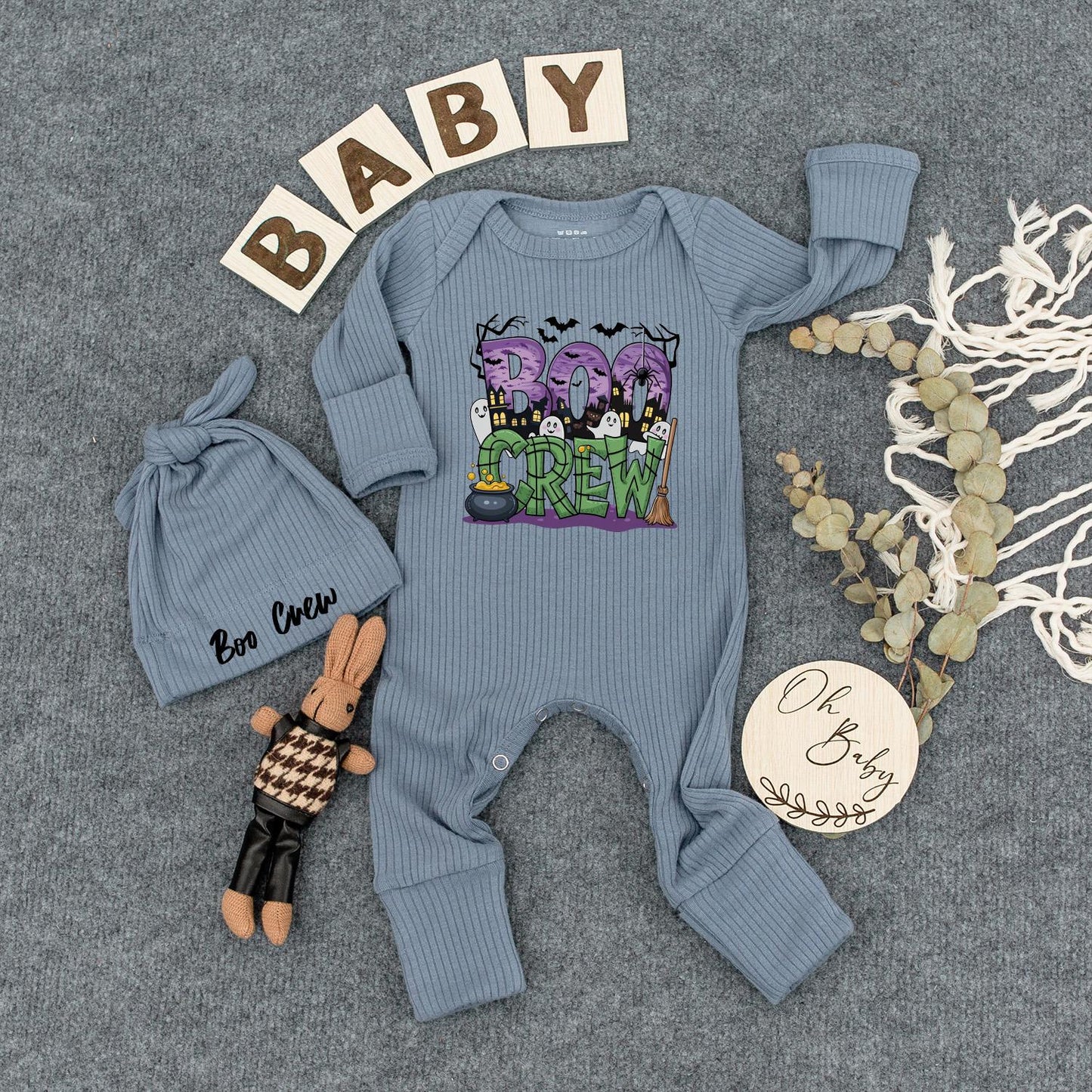 Boo Crew Baby Bodysuit & Hat Set, Spooky Halloween Newborn Outfit, Cute Ghost Romper, New Mom Gift, Playful Infant Clothes, Boho Vibes Party Costume, Soft Cotton