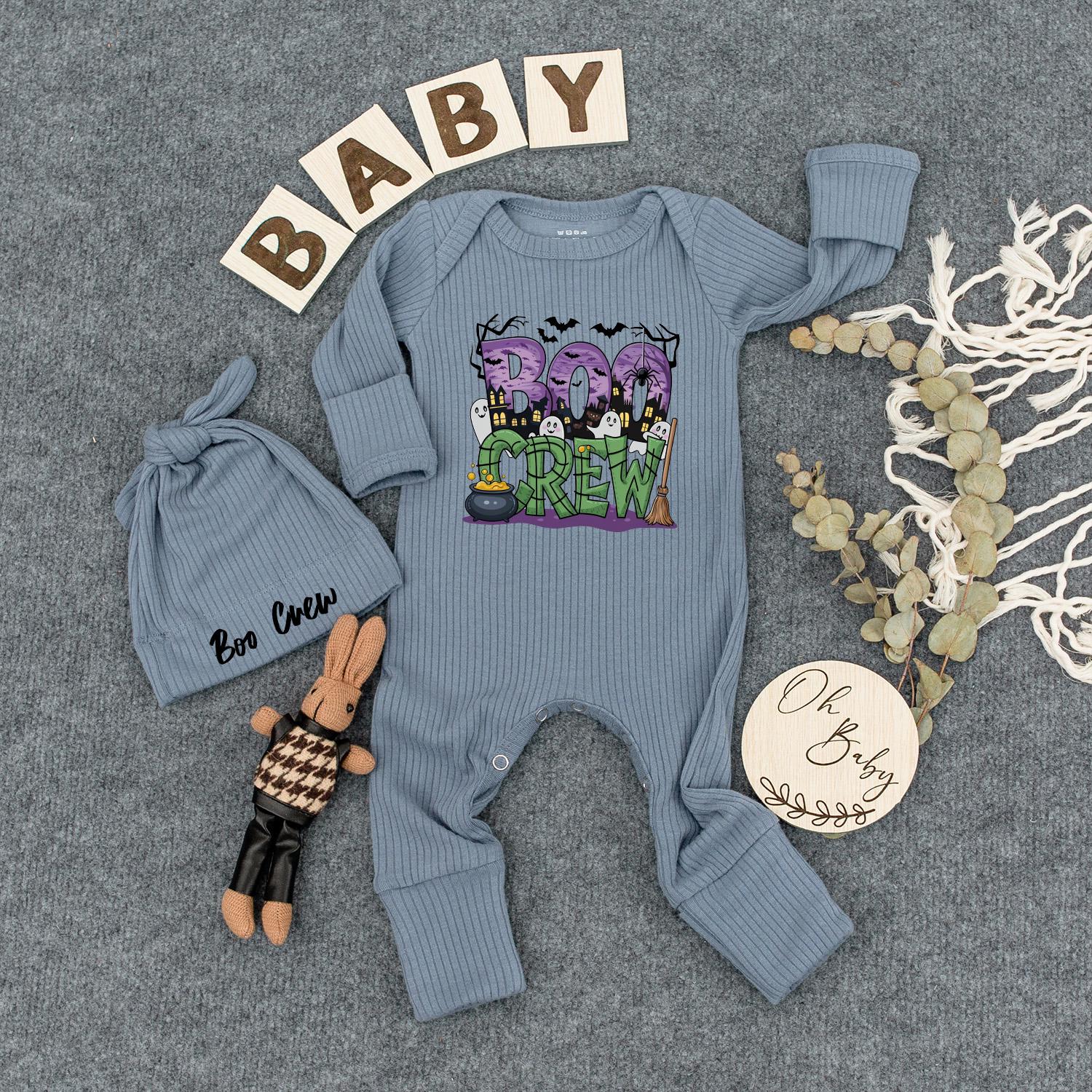 Boo Crew Baby Bodysuit & Hat Set, Spooky Halloween Newborn Outfit, Cute Ghost Romper, New Mom Gift, Playful Infant Clothes, Boho Vibes Party Costume, Soft Cotton