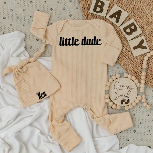 Little Dude Bodysuit & Hat Set - Personalized Baby Gift with Custom Name Ken, Modern Newborn Outfit Coming Home Clothes, Cute Baby Shower Gift Set