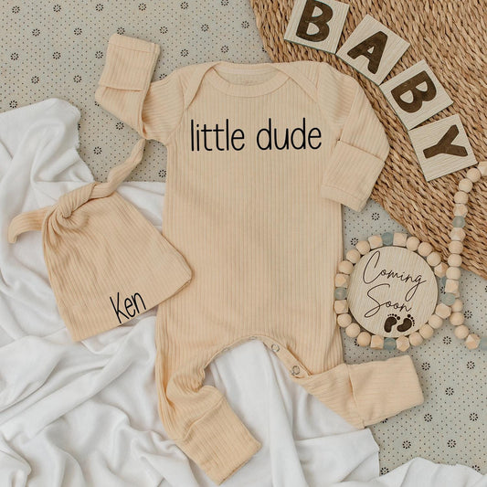 Little Dude Baby Bodysuit & Hat Set Custom Name Gift for Newborn Shower Modern Minimalist Design Black Font Comfortable Cotton Everyday Outfit