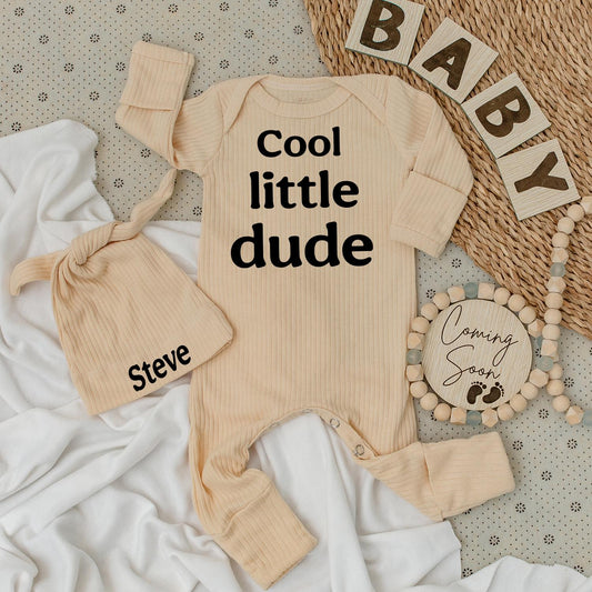 Personalized Cool Little Dude Baby Boy Bodysuit and Name Hat Set Newborn Coming Soon Big Brother Gift Outfit Modern Soft Cotton Announcement Wear