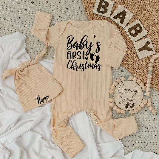 Baby's First Christmas Romper - Soft Newborn Going Home Outfit with Minimalist Footprints, Modern Holiday Bodysuit, Unisex Christmas Gift 138