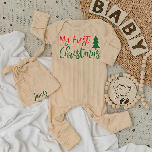 My First Christmas Baby Romper Red Green Tree Stars Soft Going Home Outfit Newborn Holiday Gift Infant