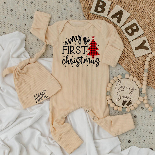 Baby's First Christmas Romper Joyful Holly Stars Buffalo Plaid Tree Outfit for Newborns