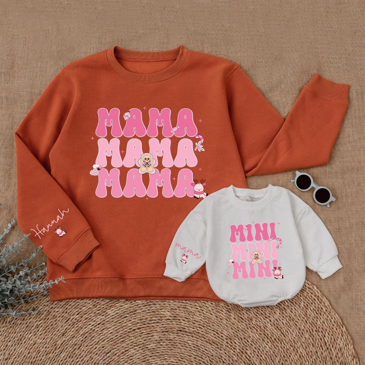 Matching Pink Christmas Mommy & Me Sweatshirt and Baby Romper Set