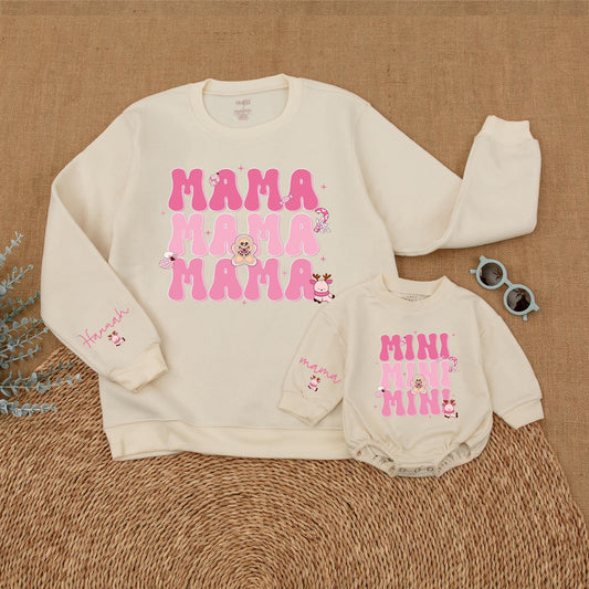 Matching Pink Christmas Mommy & Me Sweatshirt and Baby Romper Set