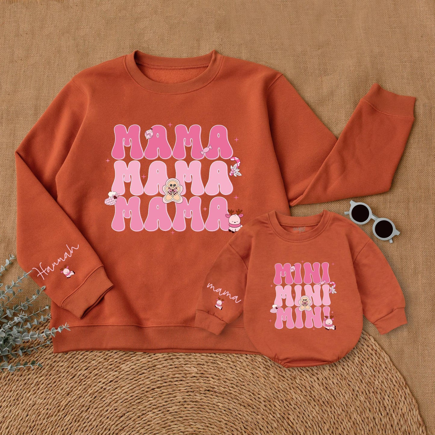 Matching Pink Christmas Mommy & Me Sweatshirt and Baby Romper Set