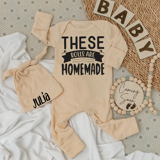 Personalized These Rolls Are Homemade Baby Bodysuit & Hat Set Julia Name Newborn Coming Home Outfit Gift Cute Announcement Soft Cotton Unisex Clothes