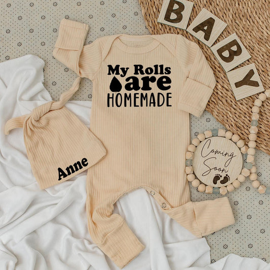 My Rolls Are HOMEMADE Baby Bodysuit Anne Hat Set Minimalist Newborn Gift Going Home Outfit Gender Neutral Cute Baby Announcement Thanksgiving Shower Clothes