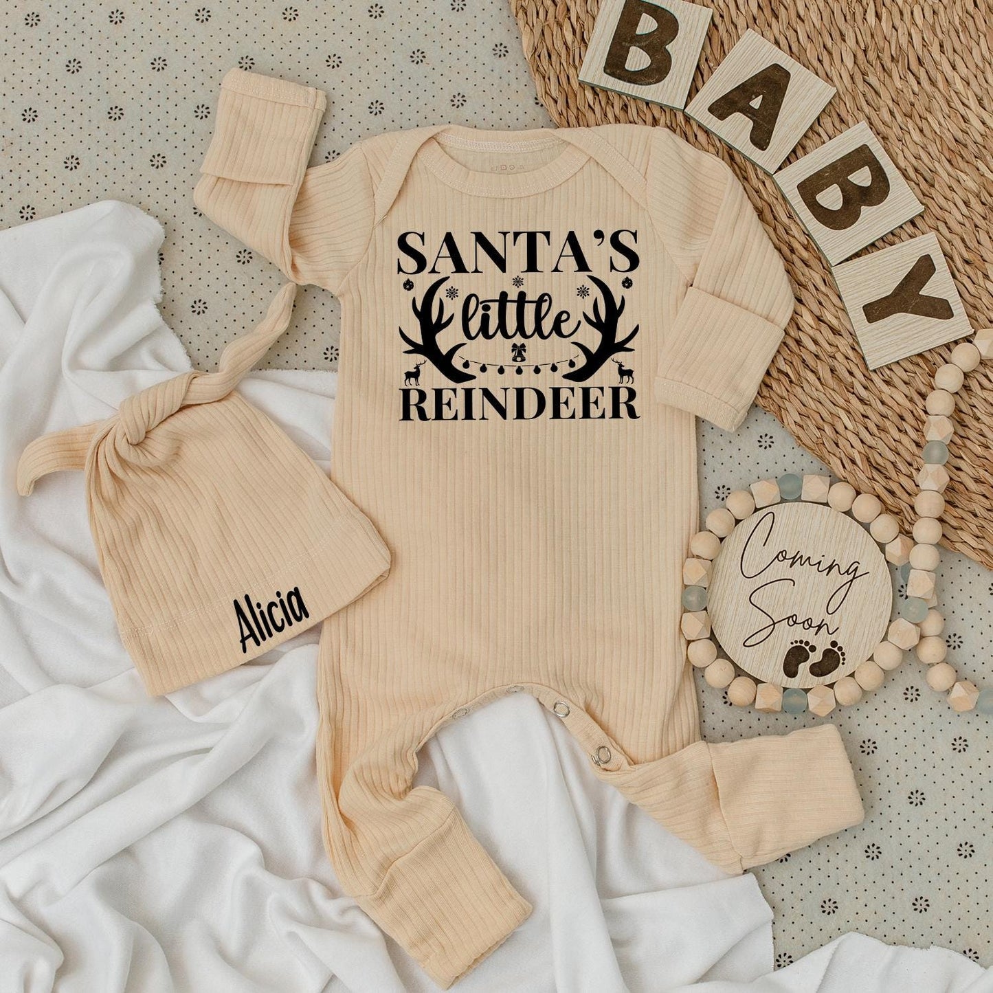 Santa's Little Reindeer Baby Bodysuit and Hat Set Personalized Name Outfit Cute 1st Xmas New Baby Unisex Gift Coming Soon Festive Holiday