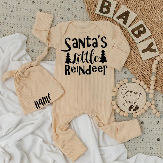 Santa's Little Reindeer Baby Bodysuit and Hat Set Cute Christmas Tree Text Unisex Newborn Gift Personalized Name Outfit 1st Xmas