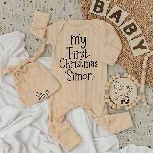 Simon's First Christmas Baby Bodysuit and Hat Set Cute Personalized Name Bubble Romper Unisex Baby Gift for Holiday Celebrations