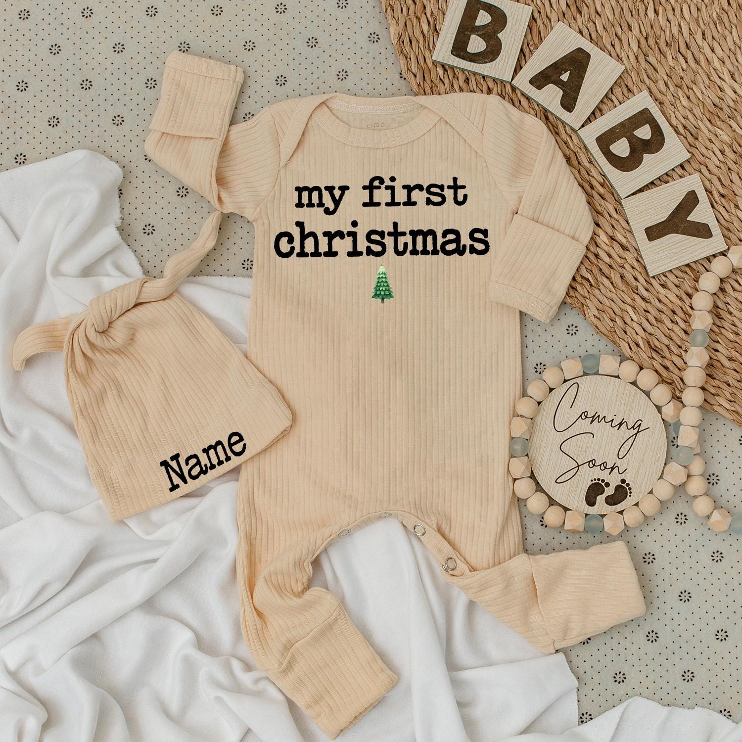 My First Christmas Baby Bodysuit & Hat Set Minimalist Tree Name Outfit Newborn Unisex Gift 1st Xmas