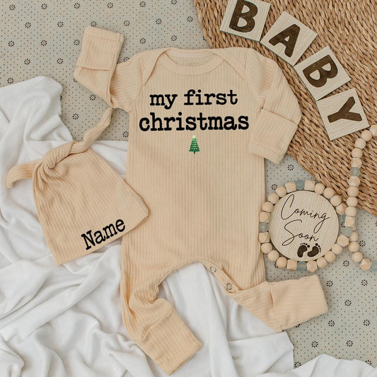My First Christmas Baby Bodysuit & Hat Set Minimalist Tree Name Outfit Newborn Unisex Gift 1st Xmas