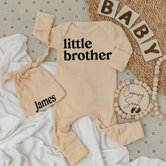 Little Brother Bodysuit & Hat Set - James Name, Baby Boy Outfit, Modern Minimalist Newborn Gift, Coming Soon Announcement